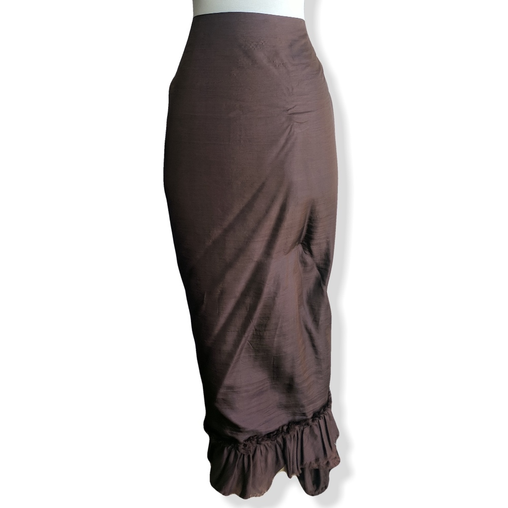 Long silk ruffle wrap flounce skirt, brown - Picture 3 of 4
